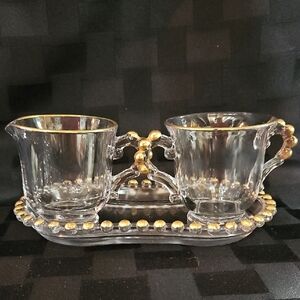 Elegant Gold-Trimmed Imperial Glass Candlewick Creamer, Sugar & Tray Set of 3